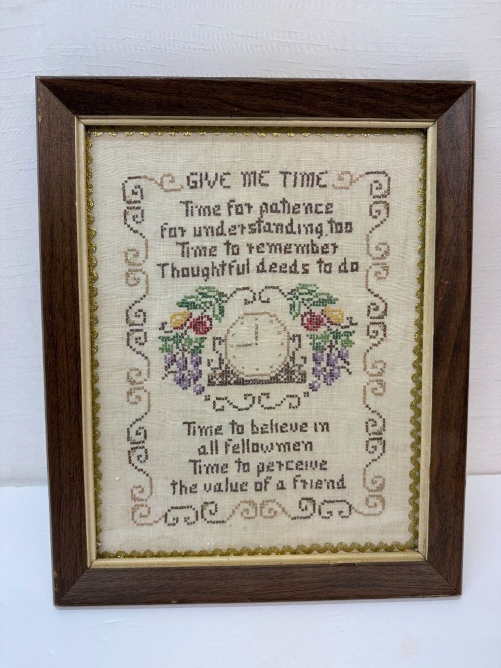 Vtg. Framed Cross Stitch Sampler---Give Me Time- Framed